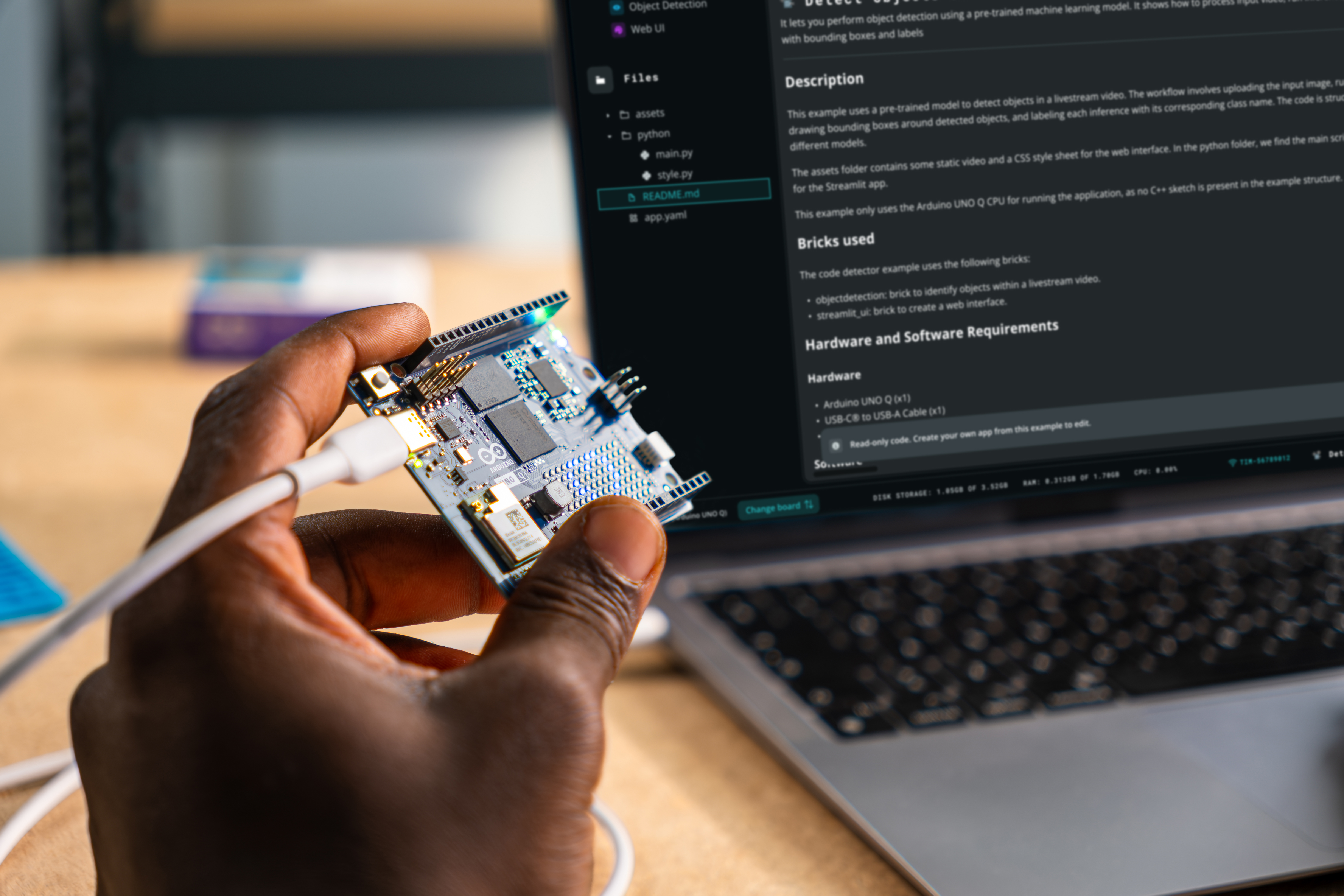 Arduino UNO Q plugged into laptop